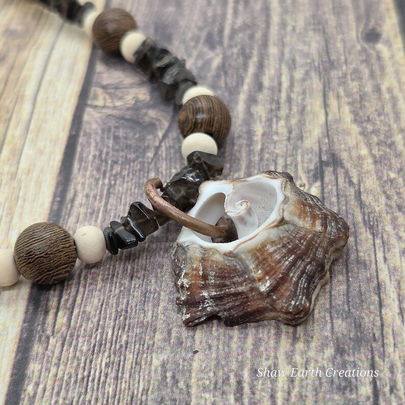 Handcut Welk Shell Elephant Skin Jasper Smoky Quartz Beaded Necklace