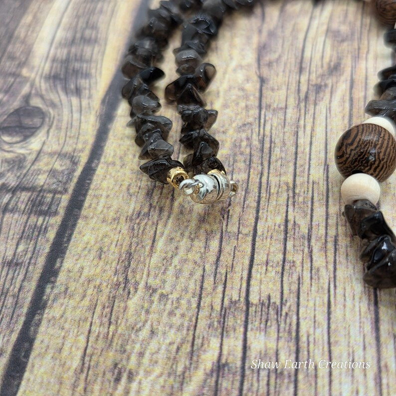 Handcut Welk Shell Elephant Skin Jasper Smoky Quartz Beaded Necklace
