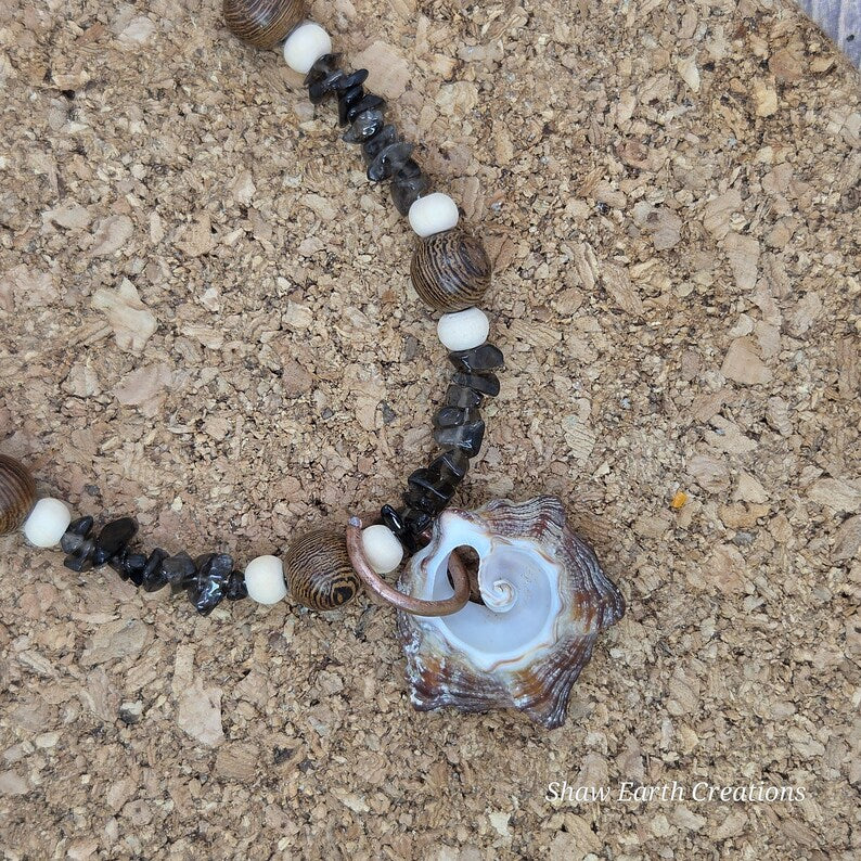 Handcut Welk Shell Elephant Skin Jasper Smoky Quartz Beaded Necklace