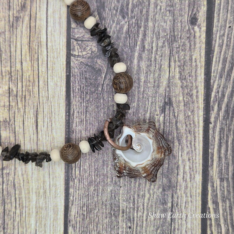 Handcut Welk Shell Elephant Skin Jasper Smoky Quartz Beaded Necklace