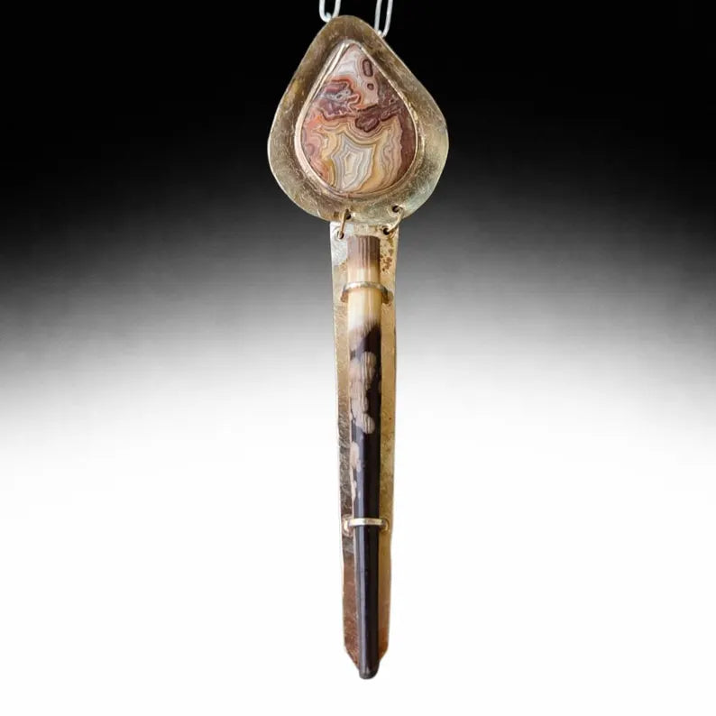 Handcut Crazy Lace Agate Porcupine Quill Necklace