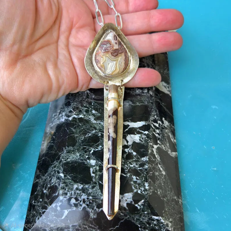 Handcut Crazy Lace Agate Porcupine Quill Necklace