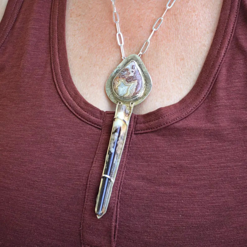 Handcut Crazy Lace Agate Porcupine Quill Necklace