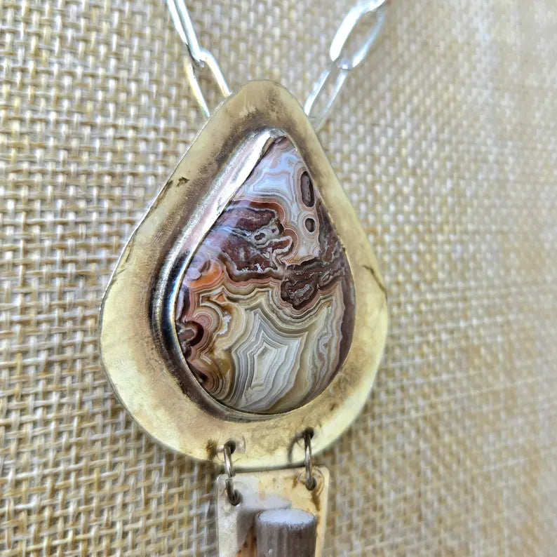 Handcut Crazy Lace Agate Porcupine Quill Necklace