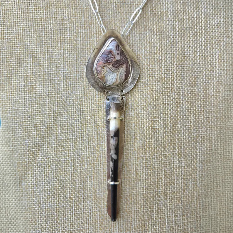 Handcut Crazy Lace Agate Porcupine Quill Necklace