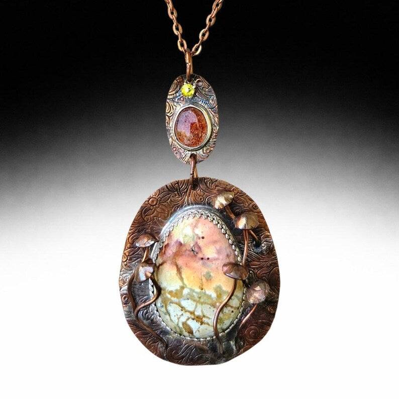 Handcut Peridot Rhyolite Sunstone Unakite Copper Necklace