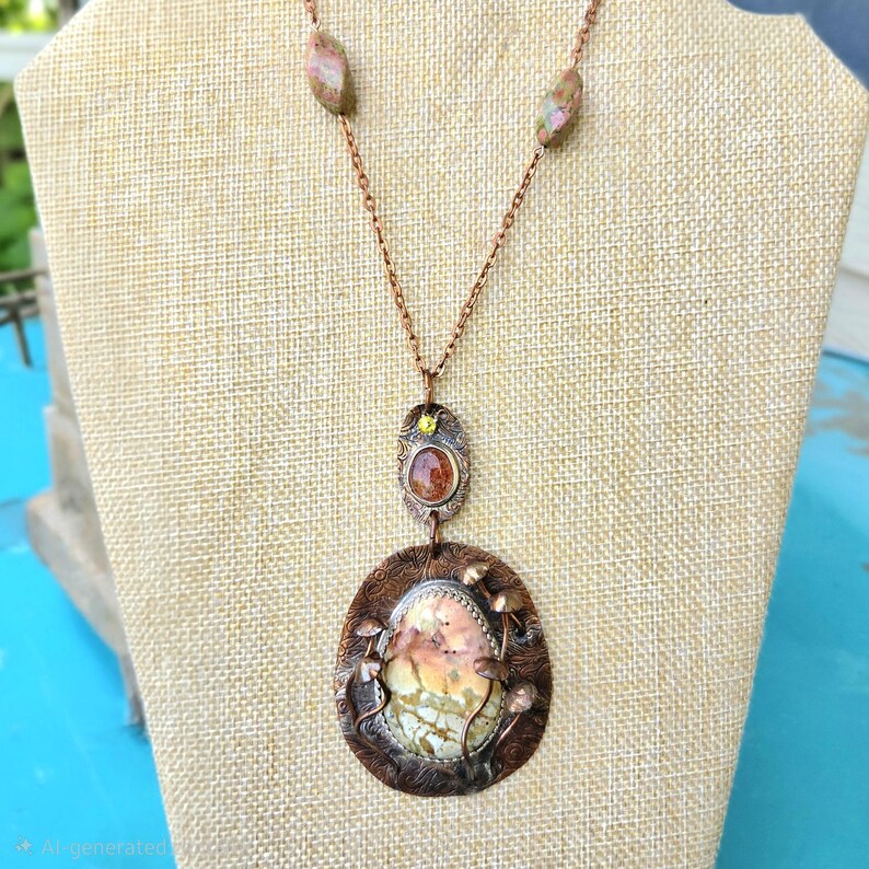 Handcut Peridot Rhyolite Sunstone Unakite Copper Necklace