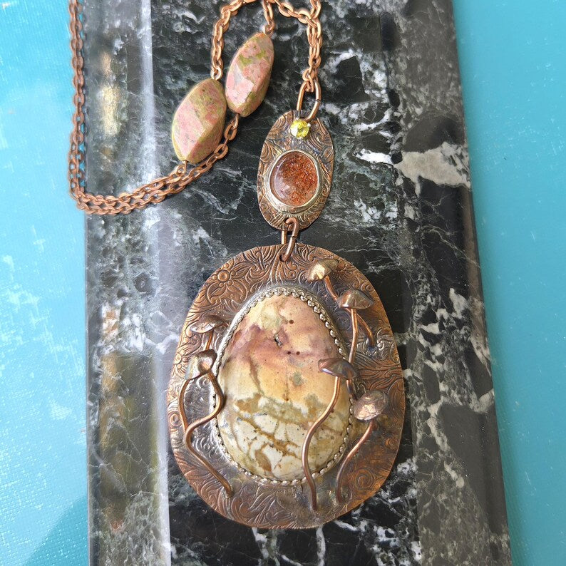 Handcut Peridot Rhyolite Sunstone Unakite Copper Necklace