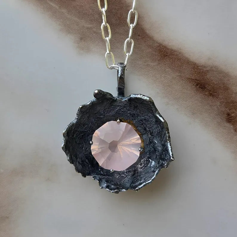 Handcut 11ct Rose Quartz Silver Necklace
