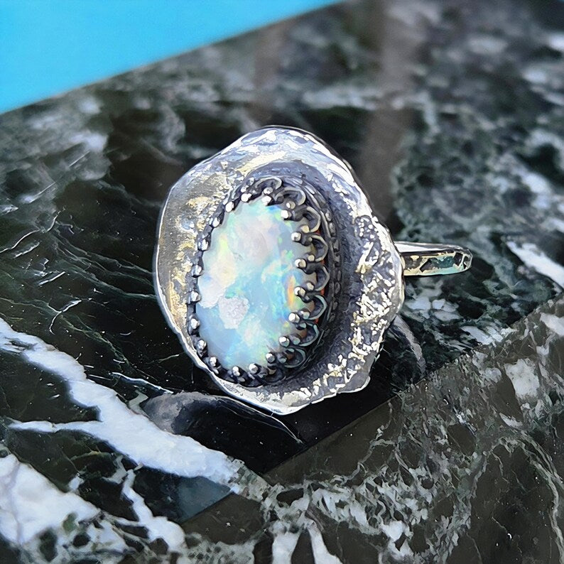 Handcut 3ct Australian Opal Silver Ring