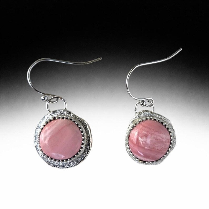 Handcut Peruvian Pink Opal Silver Earrings