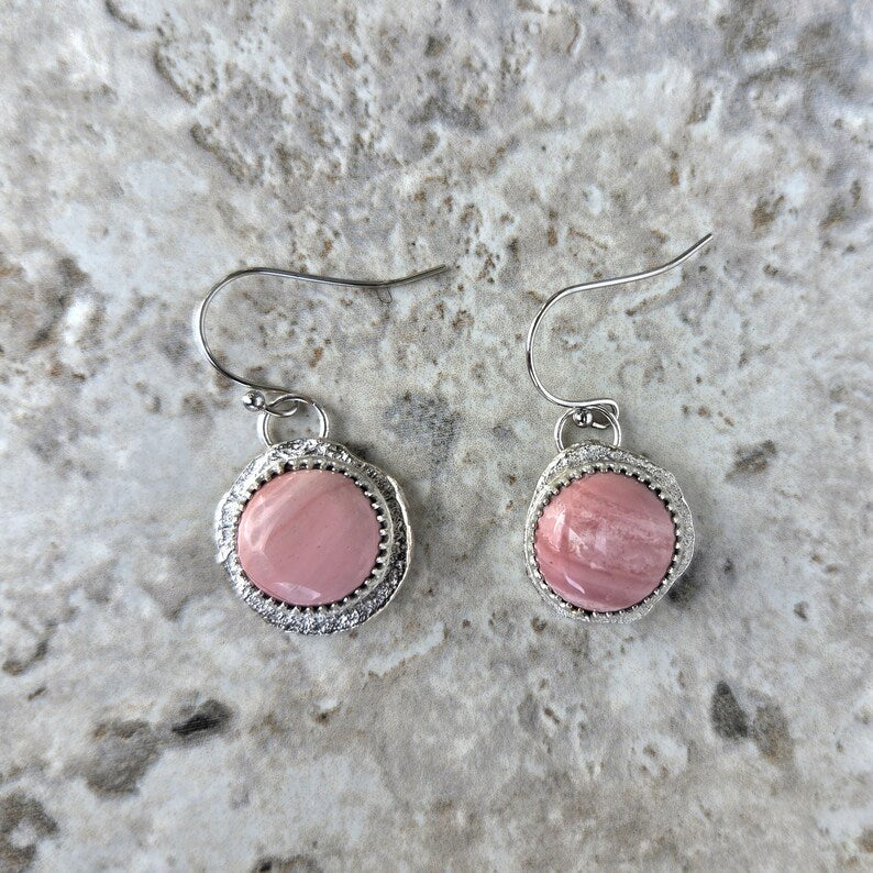 Handcut Peruvian Pink Opal Silver Earrings