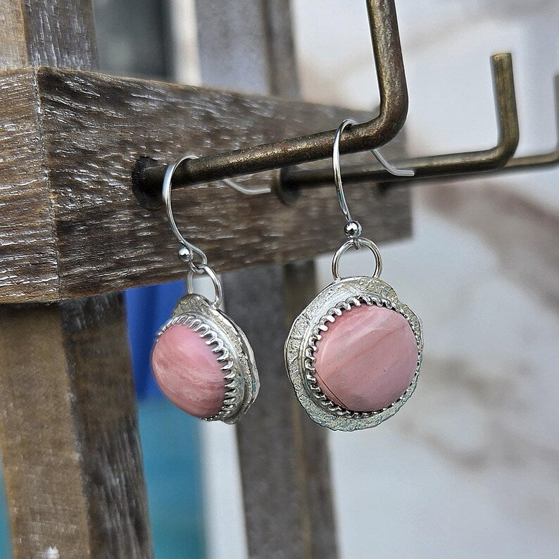 Handcut Peruvian Pink Opal Silver Earrings