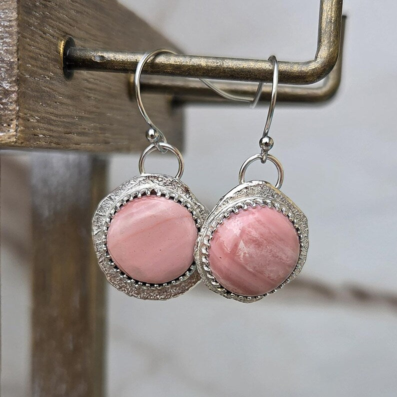 Handcut Peruvian Pink Opal Silver Earrings