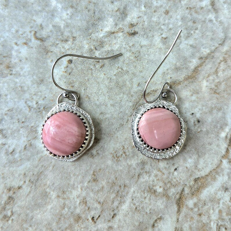 Handcut Peruvian Pink Opal Silver Earrings