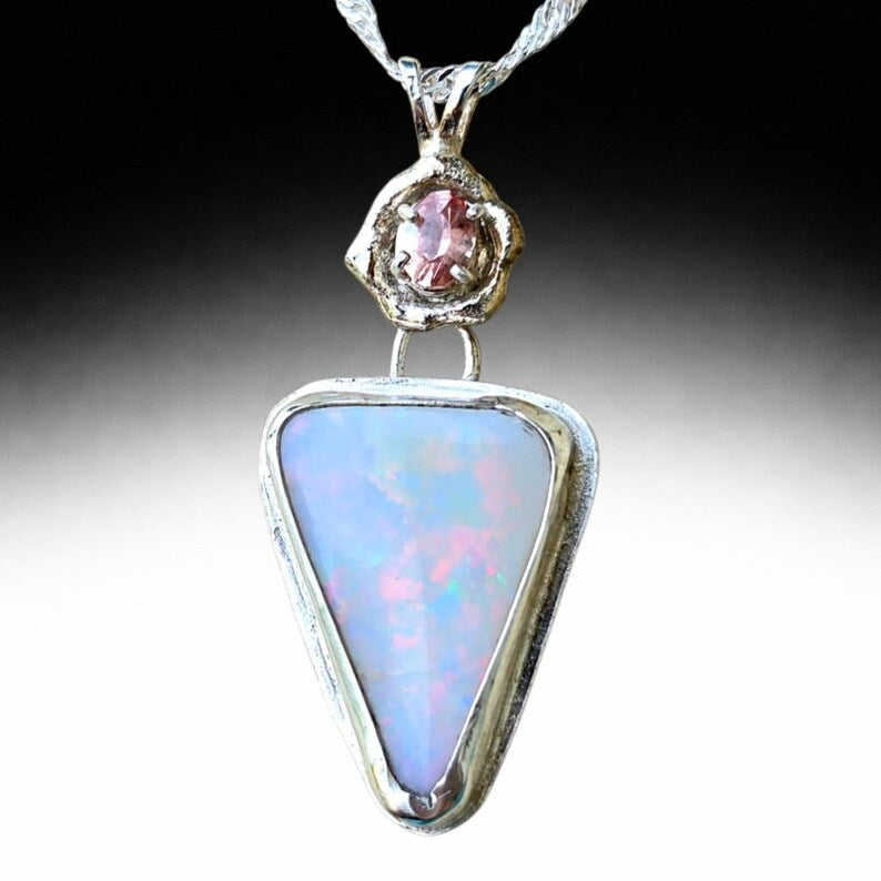 Handcut 11ct Australian Opal Pink Spinel Silver Necklace