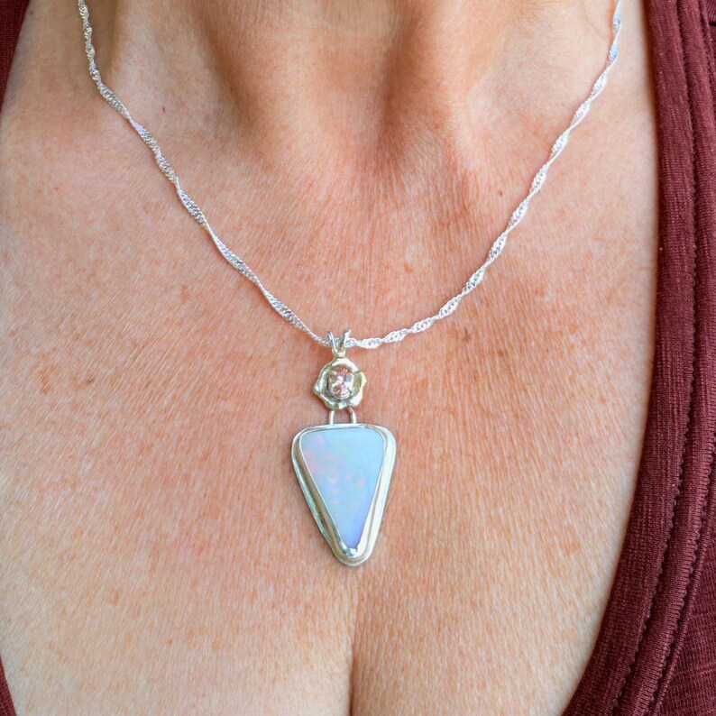 Handcut 11ct Australian Opal Pink Spinel Silver Necklace