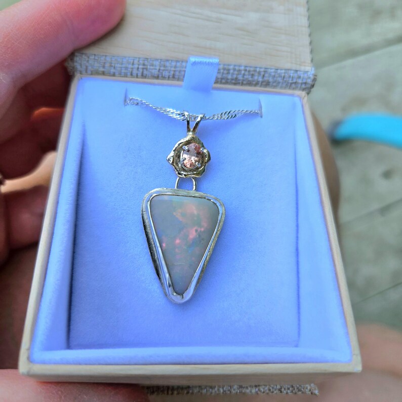 Handcut 11ct Australian Opal Pink Spinel Silver Necklace