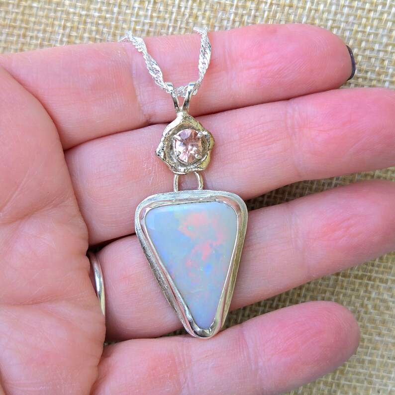 Handcut 11ct Australian Opal Pink Spinel Silver Necklace