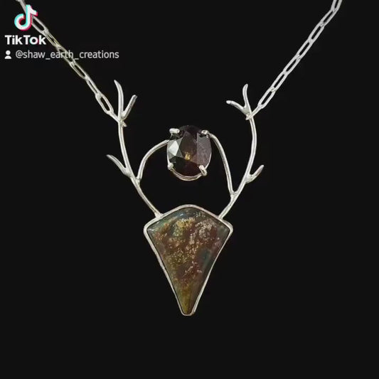 Handcut Garnet and Bloodstone Stag Fantasy Sterling Silver Necklace